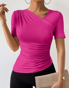 Prix d'usine Vêtements pour femmes T-shirt à manches courtes à col asymétrique de couleur unie - Product Image 5