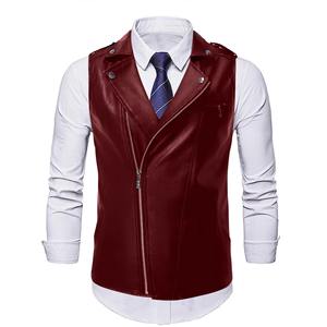 Gilets en cuir PU pour hommes gilet à fermeture éclair à la mode solide col rabattu Moto Biker vestes sans manches gilet en cuir décontracté pour hommes - Product Image 6