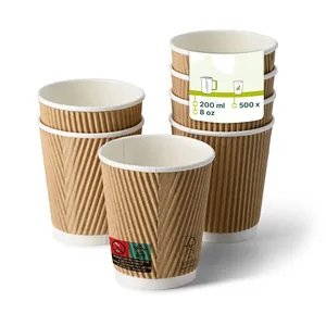 Sturdy And Reliable For Daily Use Ø 80 mm 8Oz Brown Inner White Ripple Coffee Cups Dual Tone Handheld Takeaway Mugs - Product Image 1