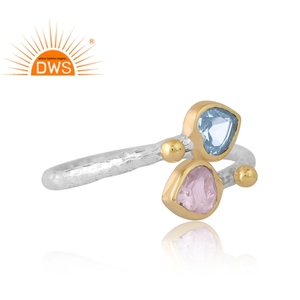Diseño hecho a mano plata esterlina Topacio azul natural y anillo de piedras preciosas de cuarzo rosa diseño personalizado fabricante de joyas - Product Image 4
