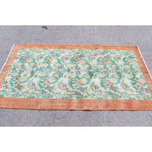 Tapis turc vintage 3,7x6,7 pieds, design patchwork écologique, laine orange et verte avec envers en latex - Product Image 3