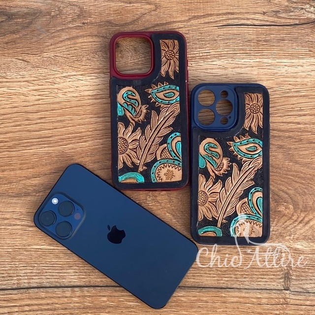 New Custom Design Turquoise Western Hand Tooled and Floral Leather Phone Cases for iPhone Genuine Leather Case IPhone 15 Pro Max