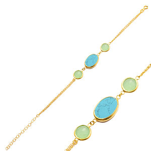 Turquoise Quartz Gold Bezel Round and Oval <b>Charm</b> <b>Silver</b> <b>Bracelet</b> Wholesale Handmade 925 Sterling Jewelry - Product Image 1