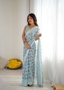 Soft Light Weight Beautiful Floral Printed Silk <b>Satin</b> <b>Saree</b> with Elegant Style for Party and All Events - Product Image 2