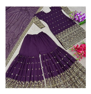 مجموعة أعمال تطريز هندية جاهزة من شارارا كورتي ، قماش جورجيت ، مصمم باكستاني-3 طقم - Product Image 1