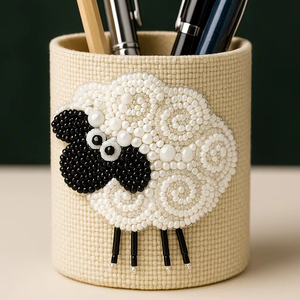 Cream Base with <b>White</b> & Black Decorative Item Handmade Beaded Sheep <b>Pen</b> Holder Cute Desk Organizer with Pearl & Bead Embroidery - Product Image 1