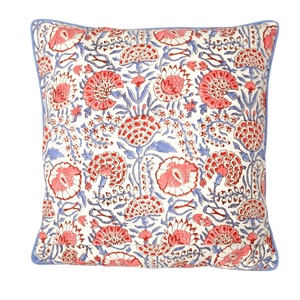 Housse de coussin en coton imprimé à la main, motif floral bohème, bleu Pigeon et rose Flamant Rose, avec passepoil, 100% coton, pour canapé, lit et décoration intérieure - Product Image 1