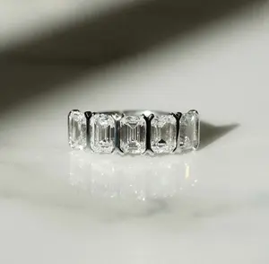 Bezel Set Lab Grown Diamond Band Emerald Cut Engagement Ring 5*3 mm 5 Stone Emerald Cut Lab Grown Ring Half Eternity Bridle Band