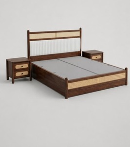 Midcentury Modern Vintage Retro Wooden Panel Platform <b>Bed</b> with Upholstered <b>Headboard</b> Bedroom Furniture Set - Product Image 2