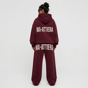 Custom Women Oversized Hoodie and Wide Leg Sweatpants Set <b>Burgundy</b> Cotton Fleece Graphic Print Two Piece Tracksuit - Product Image 2