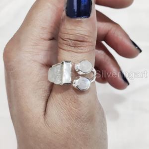 เครื่องประดับหินดิบสำหรับผู้หญิงแหวนพลอยมูนสโตนสีรุ้งธรรมชาติเครื่องประดับหินสามชิ้น925แหวนเงินสเตอร์ลิง - Product Image 2