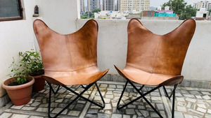 Tan Leather Butterfly Design Chair Black Metal Frame Soft Seat for Home Bedroom Living Room Hotel Rustic Style for Outdoor Use - Product Image 2