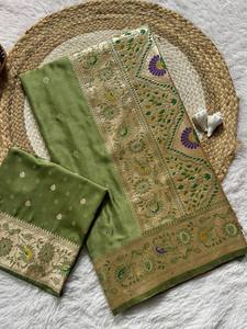 Luxury Indian Ethnic Wear: <b>Green</b> <b>Silk</b> Saree with Antique Gold Zari Work - Product Image 4