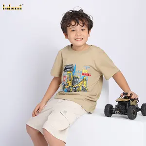 T-shirt décontracté à manches courtes en coton biologique pour garçons avec broderie col rond jaune respirant et imprimé-BC1229