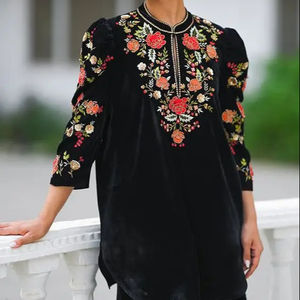 2024 élégant broderie travail fête porter haut Kurta Salwar pantalon robe Resham dentelle bouton cristal perles de verre lavable naturel - Product Image 1