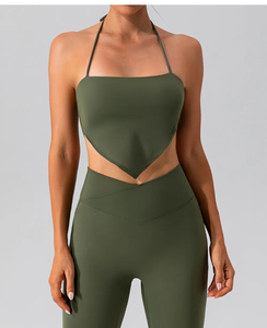 Top corto de Yoga Sexy con cuello Halter de alta elasticidad para mujer, camisetas sin mangas de entrenamiento de talla grande con Sujetador deportivo sin espalda con tiras - Product Image 2