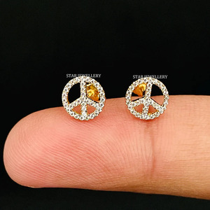 14K solide diamant naturel signe de paix or piercing d'oreille bijoux fins. - Product Image 2