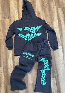 Conjunto de 2 Piezas de Chándal Informal con Capucha, Bordado Personalizado, Estilo Patchwork Desgastado, para Hombre, 100% Algodón, Transpirable, de Secado Rápido - Product Image 4