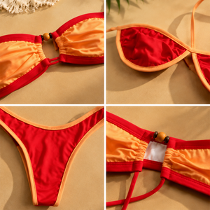 Ensemble bikini femme rouge et orange contrastant, haut bandeau et bas string, maillot de bain 2 pièces extensible à motif uni - Product Image 3