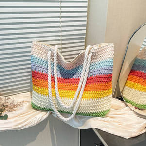 Crochet New Women's Shoulder <b>Bag</b> Rainbow Stripes Color Contrast Large Capacity <b>Straw</b> Beach Vacation Summer Daily Use - Product Image 3
