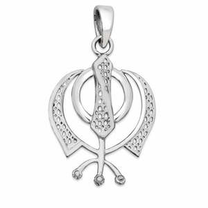 Pendentif Khanda sikh en argent 925 Zarkan avec chaîne à maillons plaquée or, forme d'épée géométrique ornée de diamants et de perles, idéal pour un cadeau ou une fête - Product Image 3