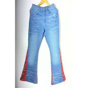 Jeans à jambes larges pour hommes, style streetwear, 100% coton, personnalisables avec des patchwork à carreaux et des effets de délavage à l'acide et d'autres techniques - Product Image 2