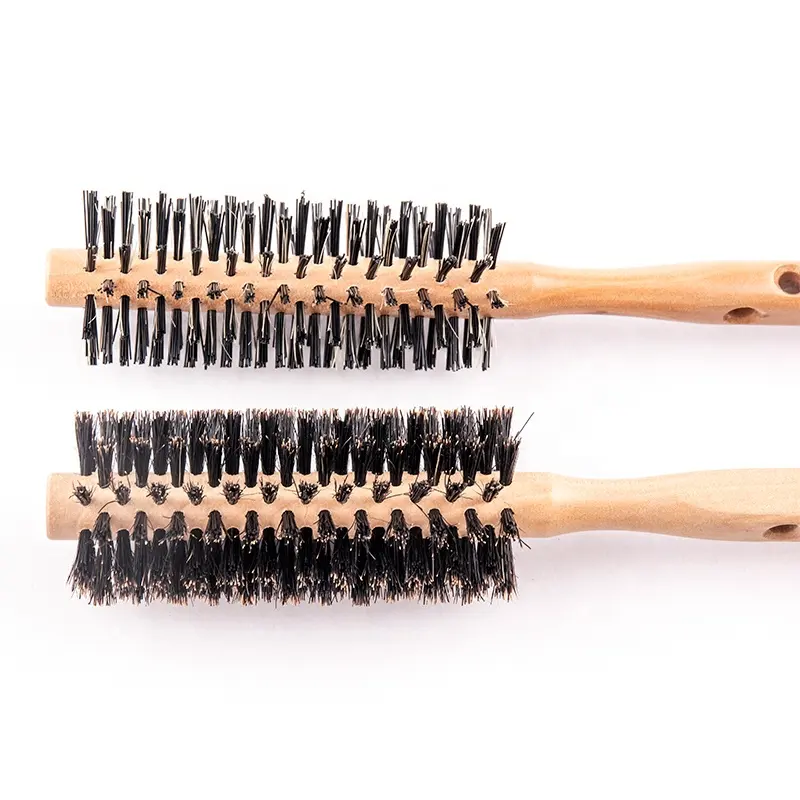 Penjualan Terbaik anti-selip sikat rambut bulat kayu tahan panas dengan desain berongga pegangan kayu ekstra panjang