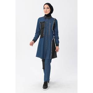 Ensemble deux pièces en jean bleu foncé pour femme avec fermeture éclair, combo hijab MSW10074-2, pantalon long décontracté mi-longueur, ample, XS-XL - Product Image 3