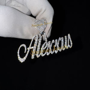 925 <b>Silver</b> Custom Cursive Name Pendant Heart Bail <b>Initial</b> Big Moissanite Diamond <b>Necklace</b> Trendy Valentines Day Gift Jewelry - Product Image 1