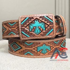 Real Handmade Hand <b>Tooled</b> Full Grain <b>Leather</b> Western Belt Western Stylish Turquoise Genuine <b>Leather</b> Unisex Removable Buckle Belt - Product Image 1