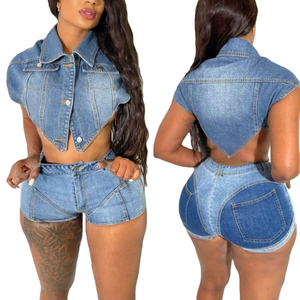 Nuevo estilo, conjunto de 2 piezas de mezclilla elástica con diamantes de imitación para mujer, conjuntos de chaqueta y pantalones cortos de manga larga con solapa Sexy para mujer 2026 - Product Image 1