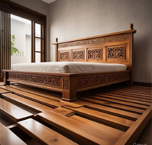 Sturdy teak <b>bed</b> with traditional panel carvings on a raised platform. Available at wholesale prices. - Product Image 1