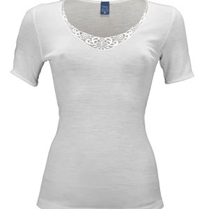 Camiseta Elegante de Lana y Seda para Mujer, Antibolitas, con Cuello en U y Tejido de Encaje, Hecha en Italia - Product Image 1