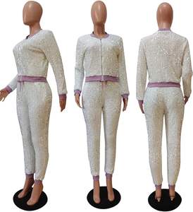 Costumes de jogging pour femmes 2 pièces tenues velours Sequin à manches longues veste à glissière pantalon de survêtement ensemble de survêtement - Product Image 1