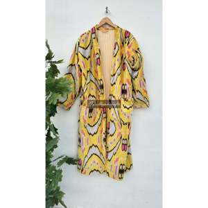 Robe kimono en velours à imprimé floral Ikat, veste longue réversible en coton avec cordon de serrage, peignoir doux pour l'automne - Product Image 4