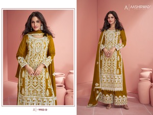 Salwar Kameez Palazzo Suit avec Heavy Faux Georgette Coton Broderie Séquence Travail Costume de Mariage pour Femmes - Product Image 3