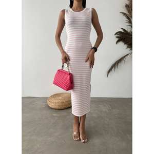 Robe ottoman rayée respirante en tissu Lycra à taille naturelle - Product Image 4