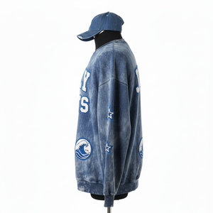 Sweat-shirt pour femmes Sun Fade en molleton doux en coton mélangé GSM Indigo Sun Fade Broderie personnalisée Patch Basics pour femmes - Product Image 3