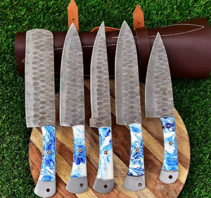 Ventes chaudes, lames professionnelles PRESTIGE, ensemble de 5 couteaux de chef faits à la main, acier damas, 67 couches, couteaux de cuisine, étui en cuir - Product Image 1