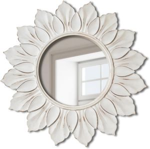 Miroir mural vintage à motif tournesol avec cadre en bois blanc vieilli, miroir décoratif rond sculpté pour salon - Product Image 1