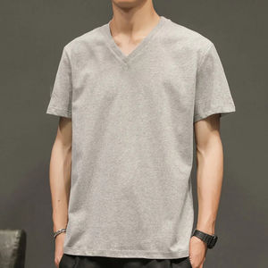 T-shirt à col en V pour homme en coton de haute qualité 2025, hauts de loisirs à manches courtes élastiques en blanc et gris, chemises de base - Product Image 2
