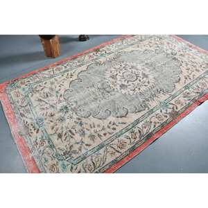 Tapis turc vintage Beige vert 5x9ft tissage plat en laine avec motif patchwork en latex pour décorations de couloir de salon - Product Image 2