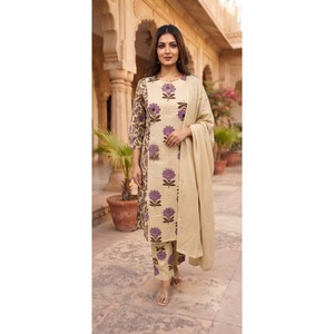 Conjunto de Kurta y Palazzo de Algodón Blanco Bordado para Mujer con Dupatta - Mangas Tres Cuartos - Product Image 1