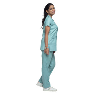 Marque personnalisée deux pièces infirmière femmes gommage uniforme OEM respirant durable dames gommages avec boutons poches et garniture de contraste - Product Image 3