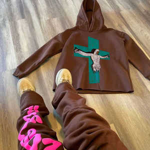 Conjunto de Sudadera con Capucha y Pantalones Deportivos de Diseño Personalizado, Estilo Urbano, 500 g/m², Gruesos, Desgastados, con Parches, para Hombre - Product Image 1