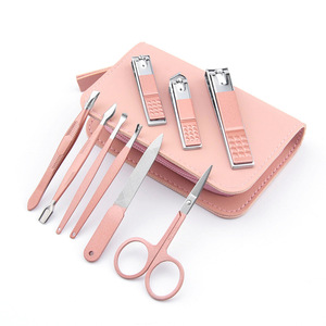 <b>Pink</b> Beauty Stainless Steel Manicure Pedicure <b>Set</b> 9pcs Nail Care <b>Tools</b> Case Sharp Blades Cuticle Clippers Tweezers Nail Scissors - Product Image 1