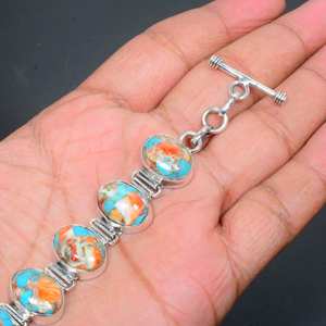 Natural Spiny Oyster Turquoise Gemstone Charm <b>Bracelet</b> Handmade 925 Sterling Silver Luxury Jewelry with GIA Certification - Product Image 2