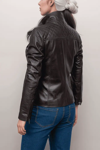 Blouson de moto en cuir noir pour femme, imperméable, respirant, matelassé brut, coupe ajustée, fermeture éclair pour l'hiver et l'automne - Product Image 3
