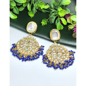 Handcrafted Blue Beaded Zinc Alloy Chandbali <b>Earrings</b> Gold Plated <b>Crystal</b> Rhinestone <b>Studded</b> Wedding Fashion Drop Design - Product Image 2