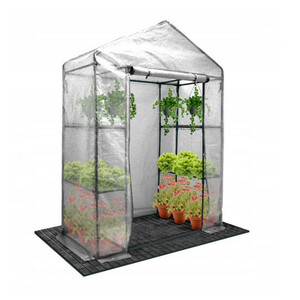 Serre de jardin moderne blanche 140x73x200cm avec étagères, facilement assemblable, en polycarbonate et bois traité sous pression pour la croissance des plantes d'intérieur - Product Image 3